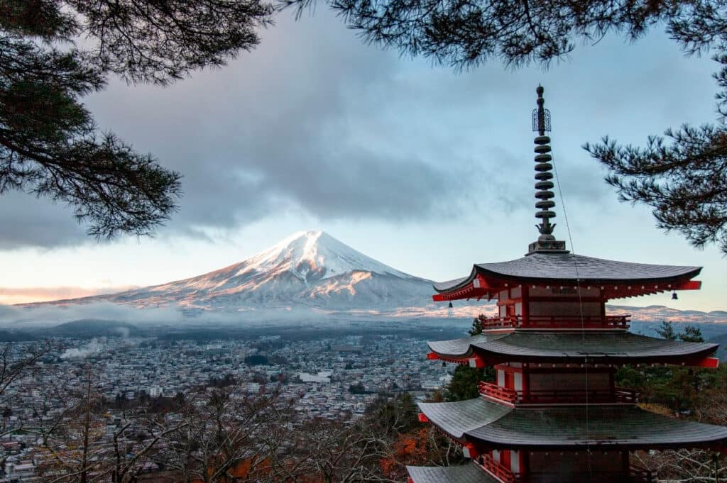 Shrine in Japan with Mount Fuji